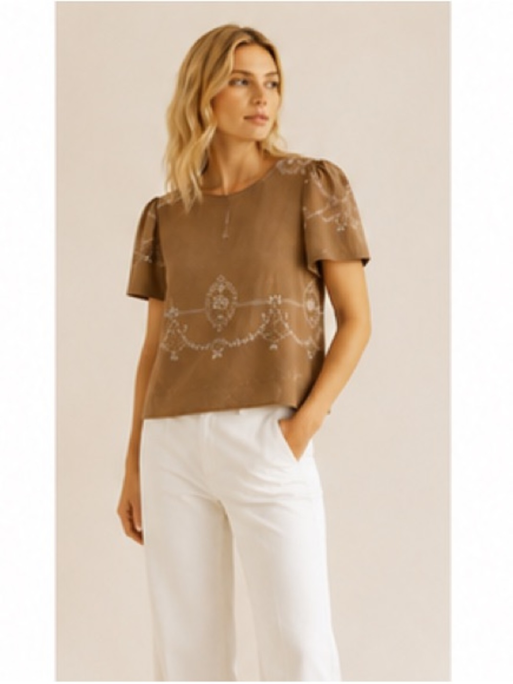 Handmade Upcycled Table Linen Top Puff sleeve feminine Neutral Sand Size S - Picture 1 of 5